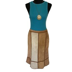 Vintage Express Brown Suede Patchwork Crochet Scalloped Midi Skirt- 11/12